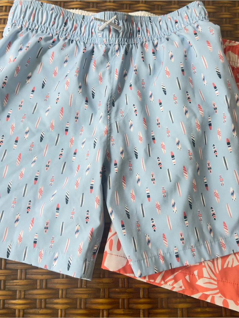 abercrombie kids Light Blue Swim Trunks with Coral & Navy Surfboard Print